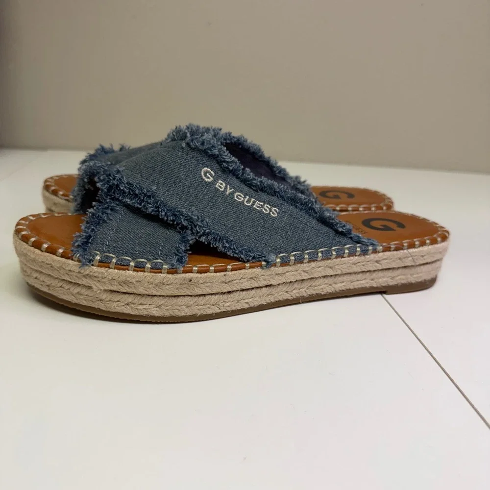G by GUESS Blue Denim Frayed Espadrille Platform Slide Sandals Womens 8 Y2K